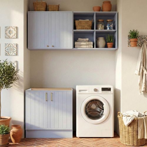 Lavanderia Modulada 3 Peças 1 Aéreo 1 Balcão sem Tampo 1 Nicho 80cm Marselha CabeCasa MadeiraOriginals Azul Sereno