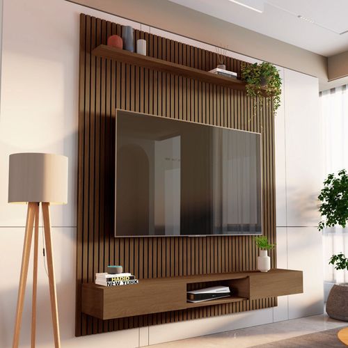 Painel Ripado para TV até 72 Polegadas 100% MDF 185,5cmx250cm Nicho Aloe CabeCasa MadeiraOriginals Marrom Cedro Cedro