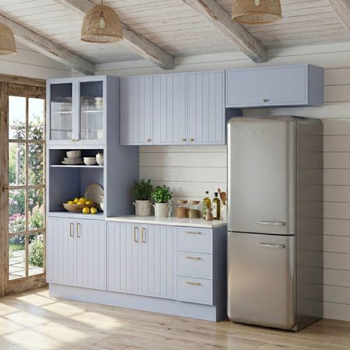 Cozinha Modulada 5 Peças 2 Aéreo 2 Balcão com Tampo 1 Cristaleira Marselha CabeCasa MadeiraOriginals Azul Sereno