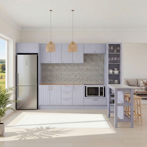 Cozinha Modulada 10 Peças sem Tampo com Cristaleira e Ilha Marselha CabeCasa MadeiraOriginals Azul Sereno