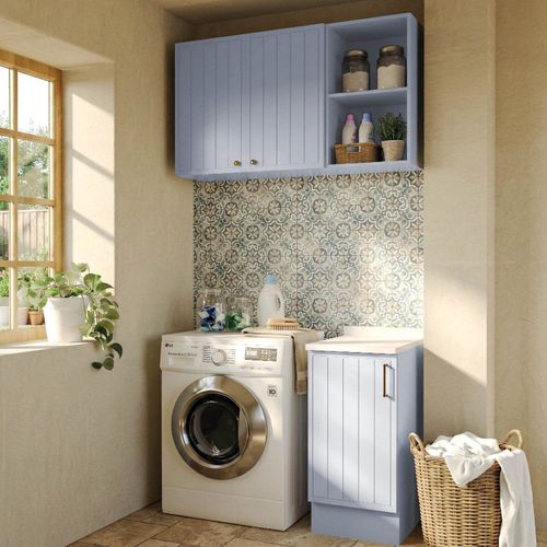 Lavanderia Modulada 3 Peças 1 Aéreo 1 Balcão com Tampo 1 Nicho 40cm Marselha CabeCasa MadeiraOriginals Azul Sereno