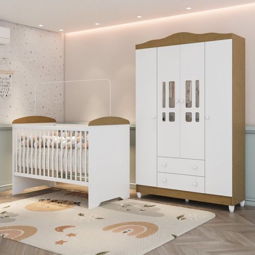 Conjunto Quarto Bebê Berço 3em1 Eloá Guarda Roupa 4 Portas 100% Mdf Branco com Bétula Branco com Bétula