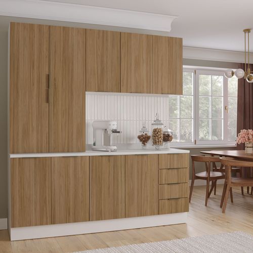 Cozinha Modulada 4 Peças com Tampo 2 Armários Aéreos e 2 Balcões Ipanema Cabecasa Madeiraoriginals Acácia/Branco