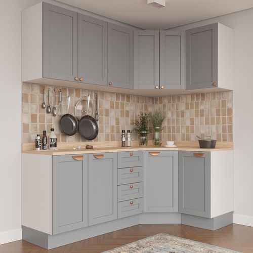 Cozinha Modulada 6 Peças com Tampo 3 Aéreos 6 Portas 3 Balcões Arizona CabeCasa MadeiraMadeira Branco/Cinza
