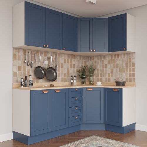 Cozinha Modulada 6 Peças com Tampo 3 Aéreos 6 Portas 3 Balcões Arizona CabeCasa MadeiraMadeira Branco/Azul