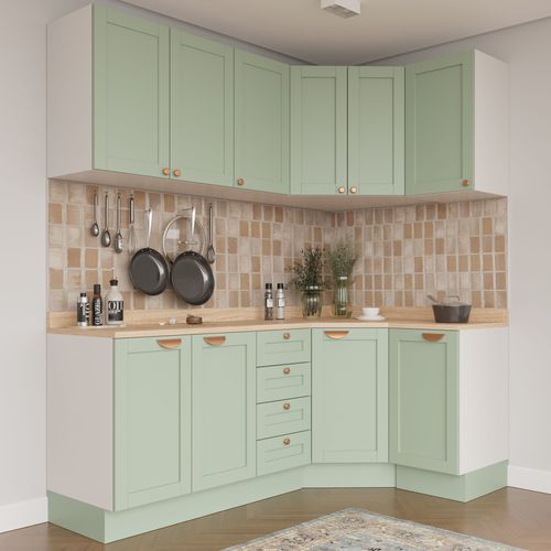 Cozinha Modulada 6 Peças com Tampo 3 Aéreos 6 Portas 3 Balcões Arizona CabeCasa MadeiraMadeira Branco/Menta