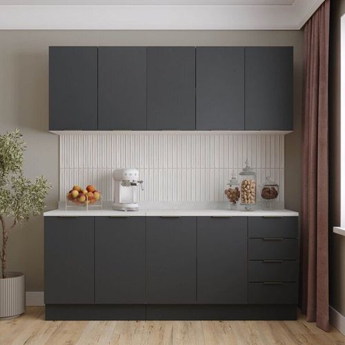 Cozinha Modulada 4 Peças com Tampo e Rodapé 2 Aéreos e 2 Balcões Ipanema CabeCasa MadeiraMadeira Grafite Trama