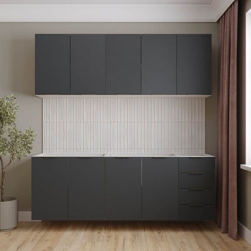 Cozinha Modulada 4 Peças sem Tampo sem Rodapé 2 Aéreos 2 Balcões Ipanema CabeCasa MadeiraMadeira Grafite Trama