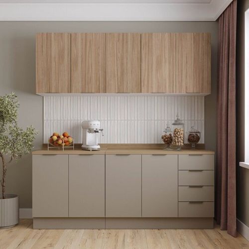 Cozinha Modulada 4 Peças com Tampo e Rodapé 2 Aéreos e 2 Balcões Ipanema CabeCasa MadeiraMadeira Fendi Trama/ Acácia