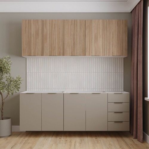 Cozinha Modulada 4 Peças sem Tampo sem Rodapé 2 Aéreos 2 Balcões Ipanema CabeCasa MadeiraMadeira Fendi Trama/ Acácia