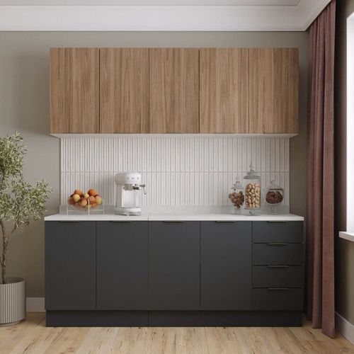 Cozinha Modulada 4 Peças com Tampo e Rodapé 2 Aéreos e 2 Balcões Ipanema CabeCasa MadeiraMadeira Grafite Trama/ Acácia