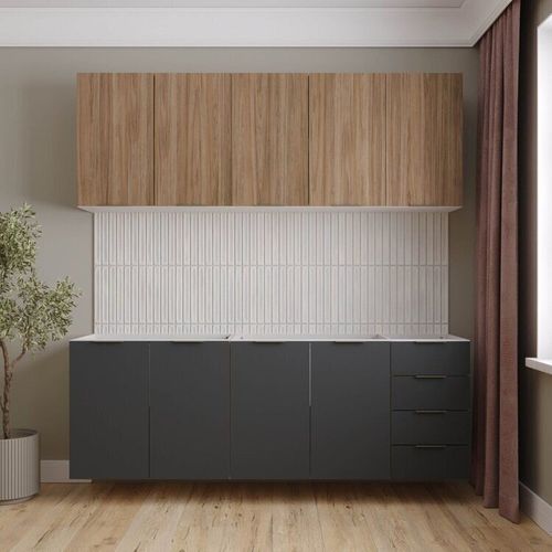 Cozinha Modulada 4 Peças sem Tampo sem Rodapé 2 Aéreos 2 Balcões Ipanema CabeCasa MadeiraMadeira Grafite Trama/ Acácia