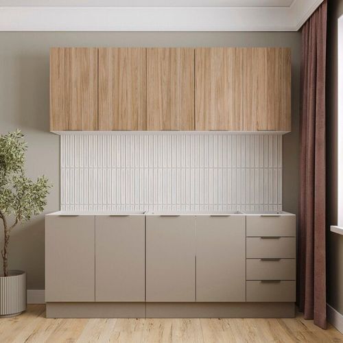 Cozinha Modulada 4 Peças sem Tampo com Rodapé 2 Aéreos 2 Balcões Ipanema CabeCasa MadeiraMadeira Fendi Trama/Acácia