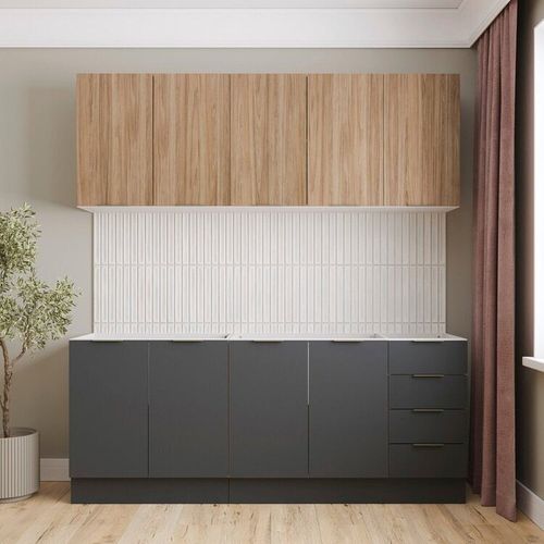 Cozinha Modulada 4 Peças sem Tampo com Rodapé 2 Aéreos 2 Balcões Ipanema CabeCasa MadeiraMadeira Grafite Trama/Acácia