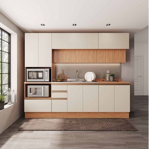 Cozinha Modulada 5 Peças com Armários Balcões e Torre Quente Aroeira Cabecasa Madeiramadeira Cinza Sereno