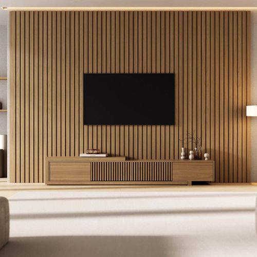 Rack com Painel Ripado Extensível para TV até 86 Polegadas 320x250cm Aruá CabeCasa MadeiraOriginals Marrom Jatobá Jatoba