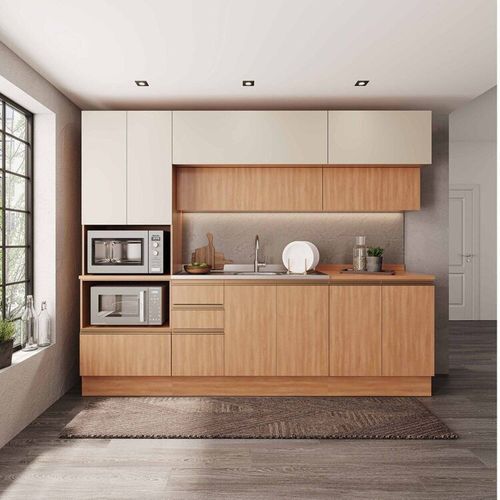 Cozinha Modulada 5 Peças com Armários Balcões e Torre Quente Aroeira Cabecasa Madeiramadeira Cinza Sereno/Cedro
