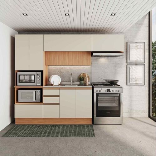 Cozinha Modulada 4 Peças com Armários Balcão e Torre Quente Aroeira Cabecasa Madeiramadeira Cinza Sereno