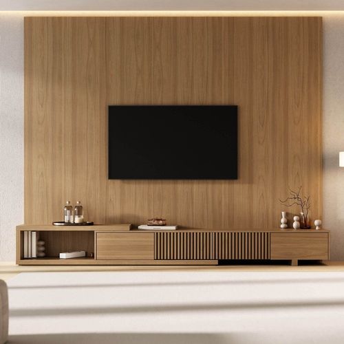Rack com Painel Ripado Extensível para TV até 86 Polegadas 280x250cm Aruá CabeCasa MadeiraOriginals Marrom Jatobá Jatoba