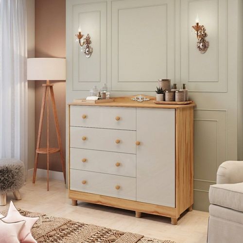 Cômoda de Bebê 1 Porta 4 Gavetas 120cm 100% MDF Maya Clássico Espresso Móveis Off White/Amêndoa