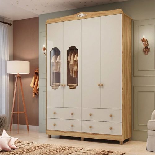 Guarda-roupa de Bebê 4 Portas com Janela e 4 Gavetas 156cm 100% MDF Maya Provençal Yescasa Off White/Amêndoa