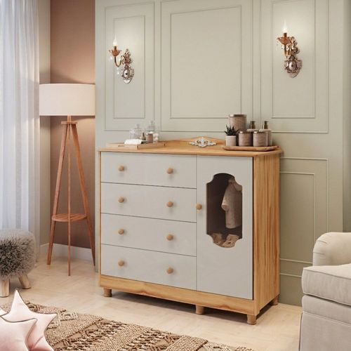 Cômoda de Bebê 1 Porta com Janela e 4 Gavetas 120cm 100% MDF Maya Provençal Yescasa Off White/Amêndoa