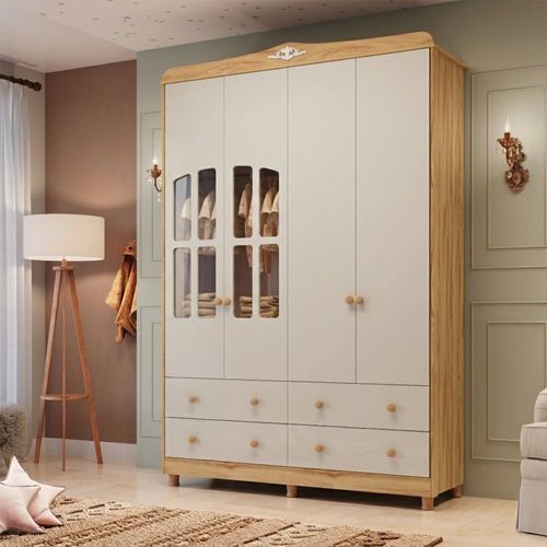 Guarda-roupa de Bebê 4 Portas com Janela e 4 Gavetas 156cm 100% MDF Maya Clássico Espresso Móveis Off White/Amêndoa