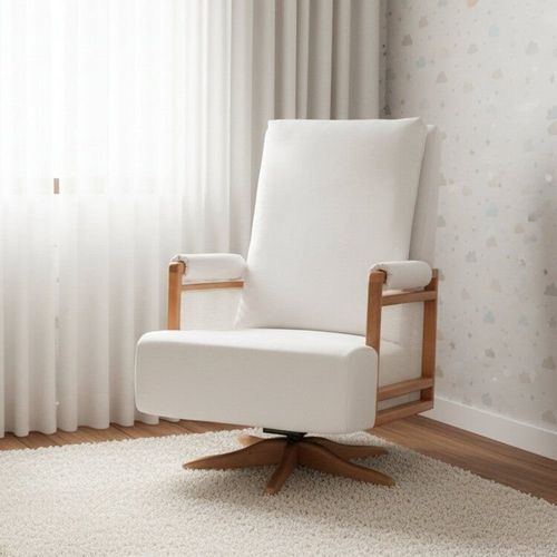 Poltrona de Amamentação Giratória e Balanço em Madeira Maciça Tela em Fibra Mila Bege Off White Off White