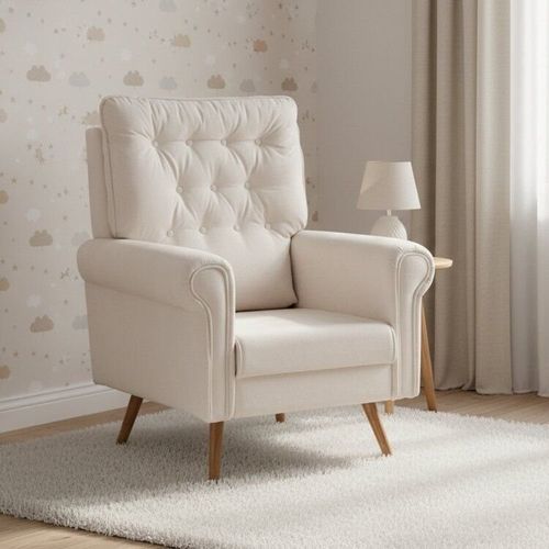 Poltrona de Amamentação Fixa com 4 Pés Palito Retrô em Madeira Maciça Nina Branco Off White Off White