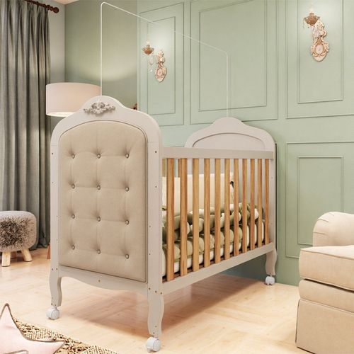 Berço Minicama 3 em 1 com Capitonê 100% MDF Maya Espresso Móveis Off White/Amêndoa/Corino Bege
