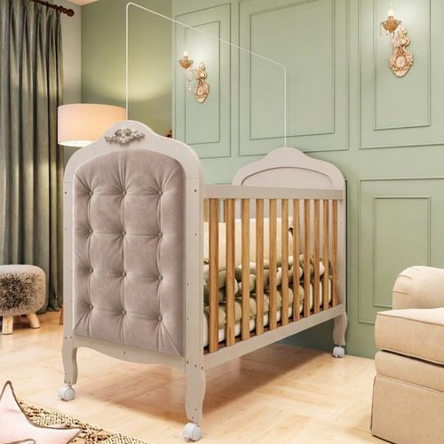 Berço Minicama 3 em 1 com Capitonê 100% MDF Maya Espresso Móveis Off White/Amêndoa/Suede Pena Areia