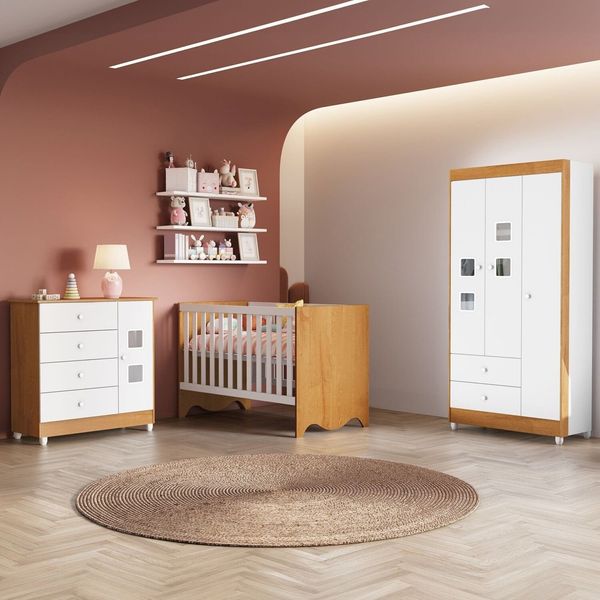 Quarto de Bebê Completo 100% MDF Linha Lua Branco Amadeirado