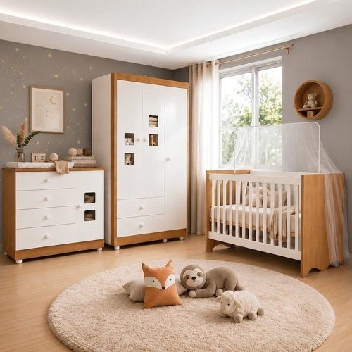 Quarto de Bebê Completo 100% MDF Linha Lua Branco Amadeirado