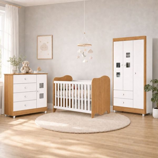 Quarto de Bebê Completo Berço 100% MDF com Guarda-Roupa 3 Portas Nuvem Branco Amadeirado