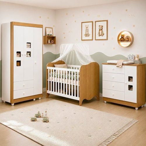 Quarto de Bebê Completo Berço 100% MDF com Guarda-Roupa 3 Portas Nuvem Branco Amadeirado