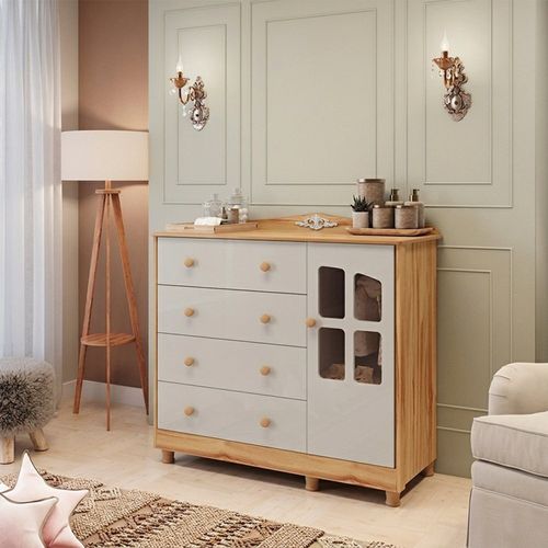 Cômoda de Bebê 1 Porta com Janela e 4 Gavetas 120cm 100% MDF Maya Clássico Espresso Móveis Off White/Amêndoa