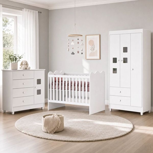 Quarto de Bebê Completo 100% MDF Berço Guarda-Roupa 3 Portas Ternura Branco