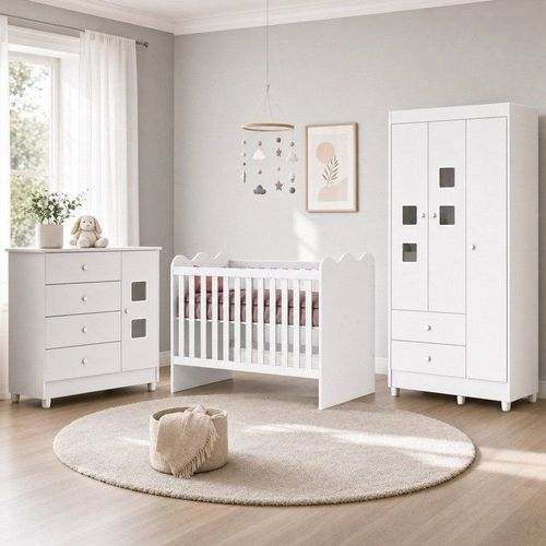 Quarto de Bebê Completo 100% MDF Berço Guarda-Roupa 3 Portas Ternura Branco