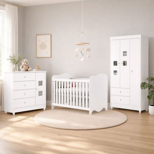 Quarto de Bebê Completo Berço 100% MDF com Guarda-Roupa 3 Portas Nuvem Branco
