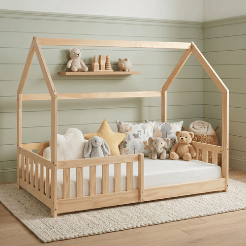 Cama Infantil Montessoriana de Madeira Maciça com Grade e Casinha Elmer Natural Natural