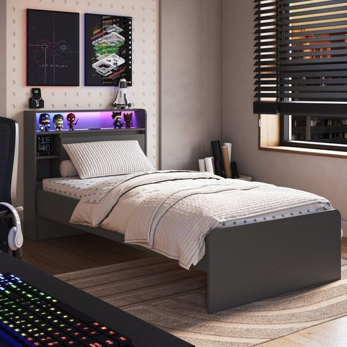 Cama de Solteiro Infantil Juvenil Gamer com Iluminação em LED RGB Power Grafite