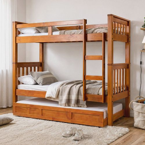 Treliche Solteiro Madeira Maciça com Cama Auxiliar Castanho Claro