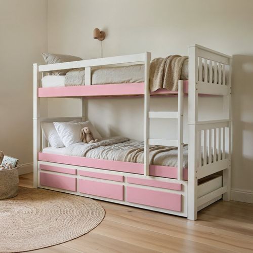 Treliche Solteiro Madeira Maciça com Cama Auxiliar e 3 Gavetas Branco/Rosa Branco/Rosa