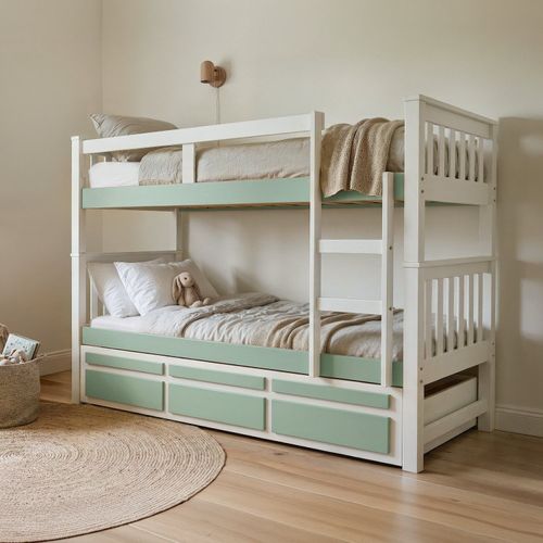 Treliche Solteiro Madeira Maciça com Cama Auxiliar e 3 Gavetas Branco/Verde