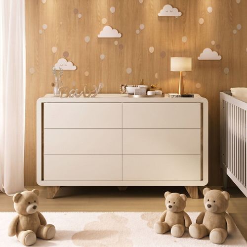 Cômoda Infantil 6 Gavetas com Corrediças Telescópicas Mabel Off/ Louro Freijó Grann