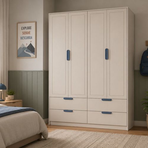 Armário para Quarto Infantil 4 Portas e 4 Gavetas Theo AREIA / AZUL PETROLEO