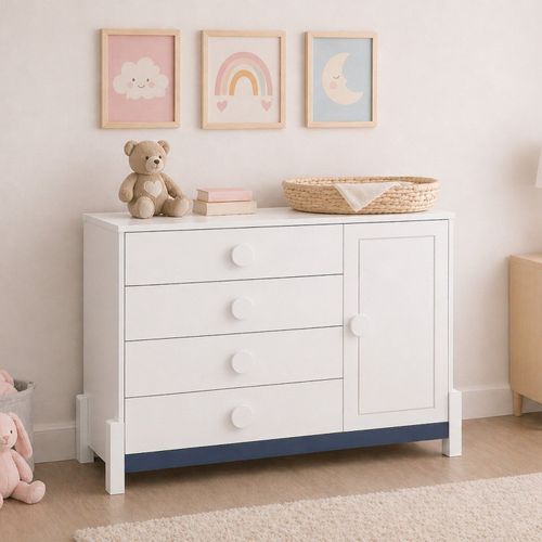 Cômoda para Quarto Infantil 4 Gavetas e Porta com Cabideiro Luna Neve /Azul Petróleo