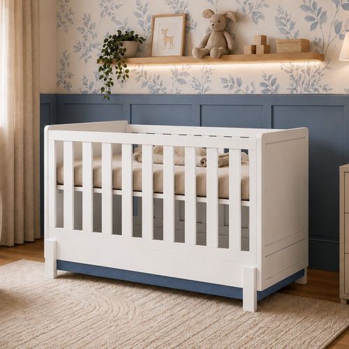 Berço 2 em 1 Multifuncional MDF Linha Luna Branco/Neve/Azul Petroleo Neve/Azul Petroleo