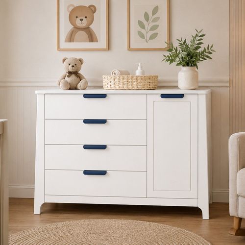 Comoda para Quarto Infantil 4 Gavetas + Porta com Cabideiro Theo Neve/Azul/Petróleo