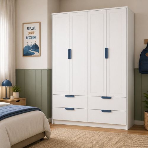 Guarda-Roupa para Quarto Infantil 4 Portas e 4 Gavetas Theo NEVE/ AZUL PETROLEO